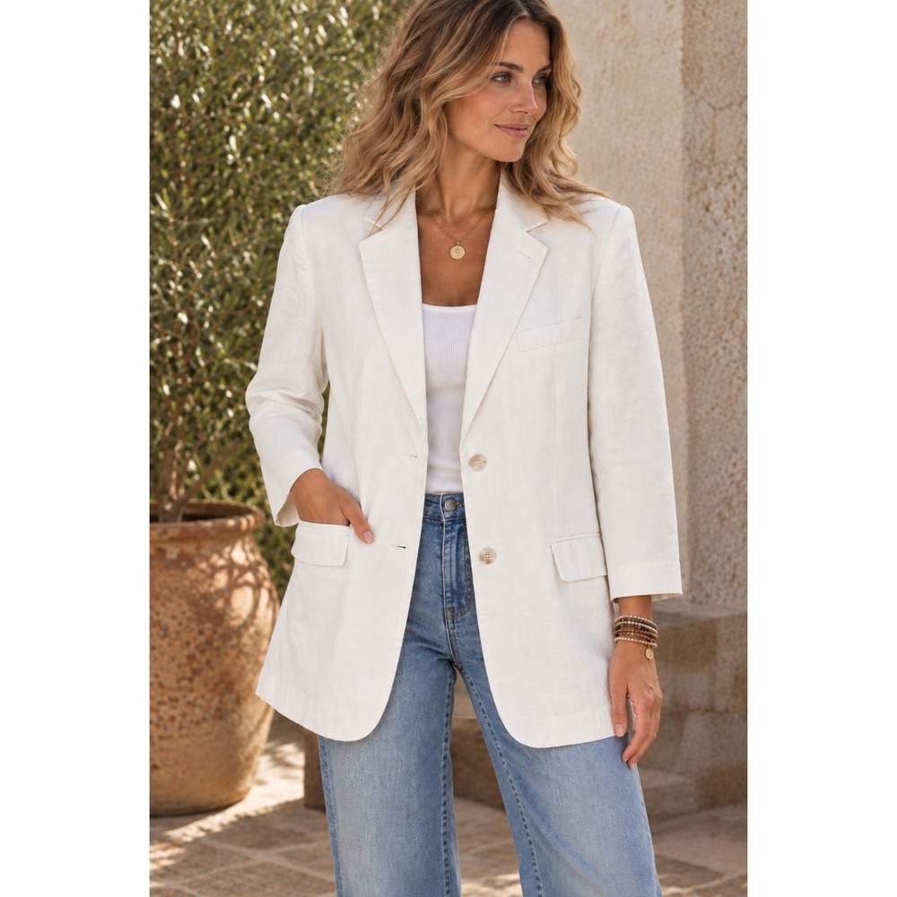 Concepts by Claiborne Linen Blazer Women L White Longline Coastal quiet luxury